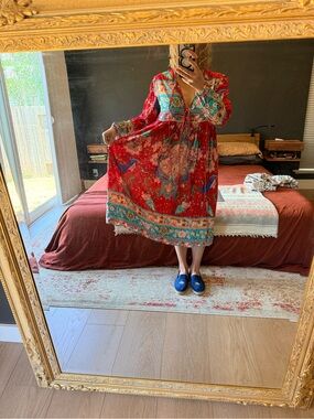 Red Floral Midi Dress with Turquoise Trim